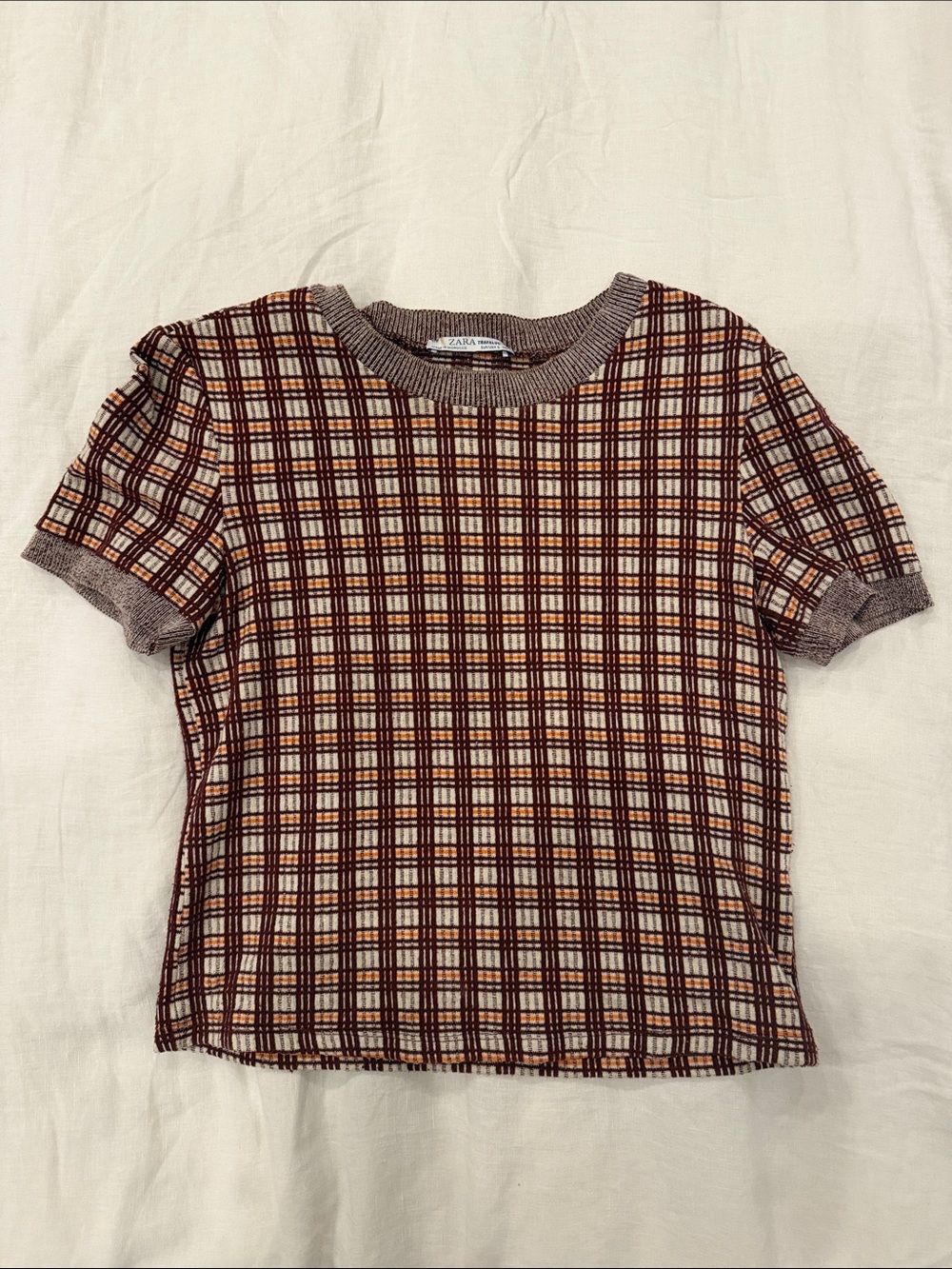Zara Short-Sleeve Plaid Knit Top - Brown, Beige, Rust